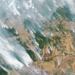 Photograph of forest fires with smoke plumes.