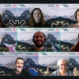 Captura de pantalla del seminari en línia de l'Hora Verda on apareixen tots els ponents i organitzadors amb un fons comú d'una muntanya nevada