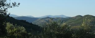 Hilly landscape under a clear blue sky.