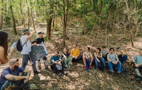 Group of people sitting in a forest, listening to a presentation.