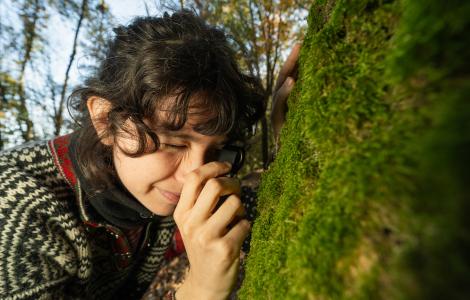 Woman examining moss on a tree trunk with a magnifying glass.