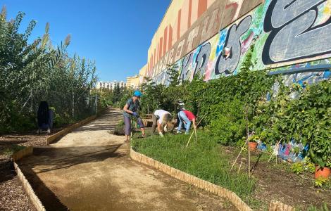 People gardening, next to a path and a building with graffiti.