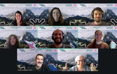 Captura de pantalla del seminari en línia de l'Hora Verda on apareixen tots els ponents i organitzadors amb un fons comú d'una muntanya nevada