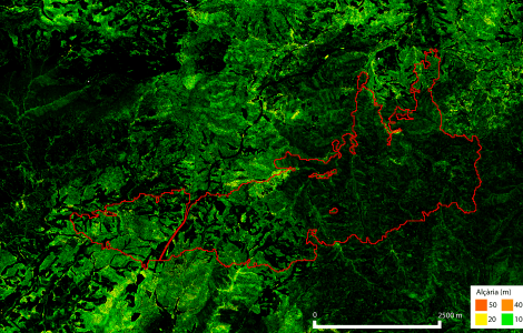 Els models digitals d’alçàries generats amb el nou mètode LidarTeam detecten perfectament com va quedar l’estructura vertical de la zona afectada per l’incendi d’Òdena del 26 de juliol de 2015. Es pot apreciar que algunes petites zones mantenen l’alçària.