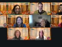 Video call with ten people, smiling and looking at the camera.