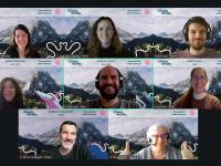 Captura de pantalla del seminari en línia de l'Hora Verda on apareixen tots els ponents i organitzadors amb un fons comú d'una muntanya nevada