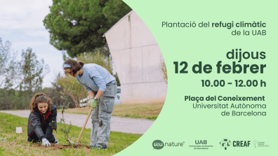 People planting a tree, event announcement in Catalan.