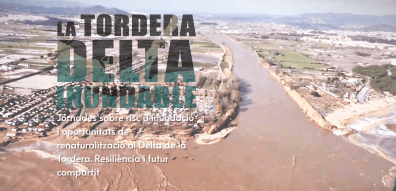 Aerial view of muddy river delta with text overlay.