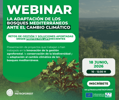 Targeta de difusión del webinar "La adaptación de los bosques mediterráneos ante el cambio climático" con un bosque de fondo y la nueva imágen gráfica del proyecto LIFE METROFOREST