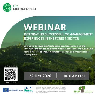 Targeta de difusió del webinar, amb un fons de la torre de Collserola rodejada de boscos