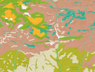 Map of mountainous terrain, with color-coded elevations.