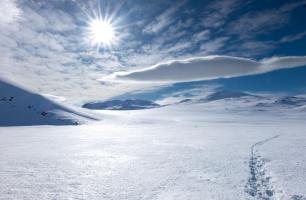 Snowy landscape under a bright sun, with footprints.