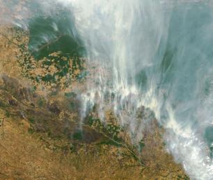 Satellite view of smoke plumes over land.