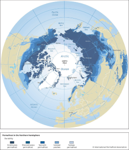 Map of the Arctic Ocean, showing permafrost and surrounding oceans.