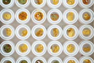 Overhead shot of small food samples in white plastic cups.