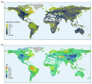 Global distribution of alkalinity (a) and pH (b); desert basins without surface water are plotted in white. (c) Relative water extent across alkalinity and pH gradients.