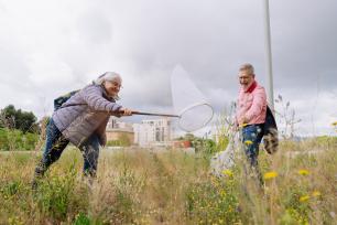 Carme i Sebastià, voluntaris de l’mBMS al parc de la Fontsanta de Sant Joan Despí, fent un mostreig de papallones. Autoria: Galdric Mossoll.